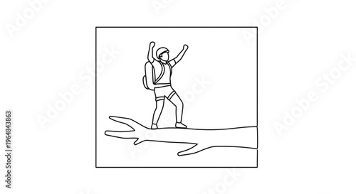 Adventurer Climbs Tree Branch, Celebrating Success with Arms Raised