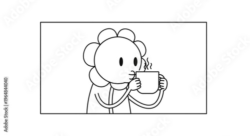 Cute cartoon flower character drinking hot beverage from mug, simple line art animation style