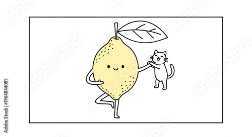 Cute cartoon lemon character doing yoga with a small cat, funny illustration