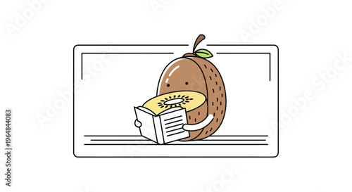Cute cartoon kiwi fruit character reading a book on a screen, illustration