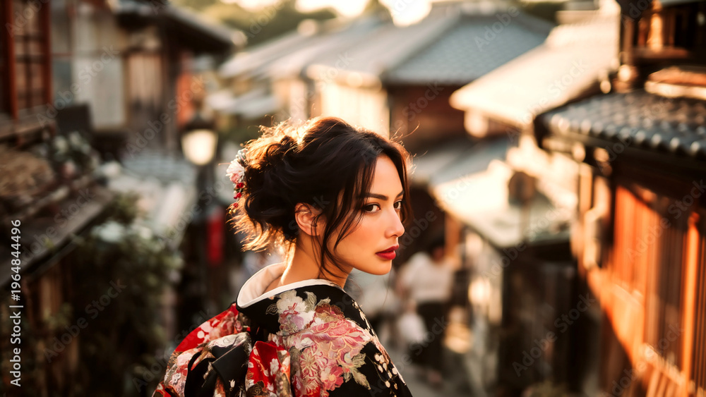 Obraz premium 古い街並みを背景に振り返る着物姿の美しい女性