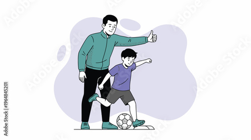 Supportive Dad and Son Playing Soccer: Father Cheers on Boy Kicking Ball with Thumbs Up