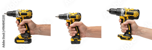 Konstfotografi Collage of hands holding a yellow cordless electric drill in different positions