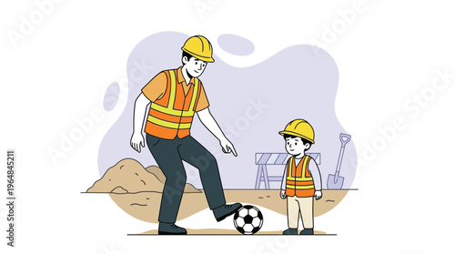 Dedicated Construction Worker Dad and Son Enjoying Playtime with Soccer Ball on Site, Building Futures.