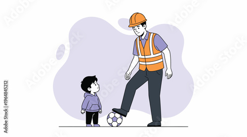 Father and Son Bonding Over Soccer: Construction Worker Teaches Young Boy Sport with Hard Hat and Vest