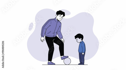 Dad Teaching Son Soccer with Ball, Boy Showing Disappointment, Fatherhood and Childhood Sports Concept