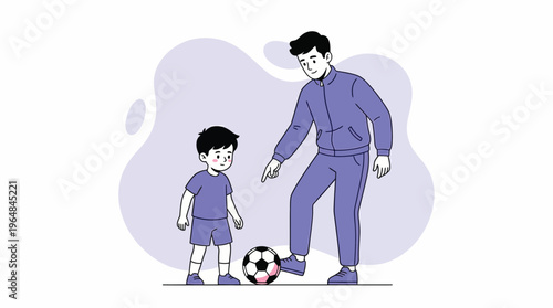 Adult Male Coaching Little Boy in Soccer, Demonstrating Basic Football Skills and Parental Guidance