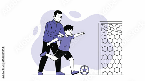 Supportive Father Coaching Young Son in Soccer, Learning to Kick Ball Towards Goal in Playful Flat Illustration.