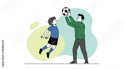 Joyful Father and Son Playing Soccer, Man Helping Young Boy Practice Kicking and Ball Control