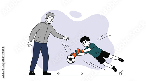 Father Coaching Son in Goalkeeper Drills, Young Boy Diving to Save Soccer Ball during Practice Session
