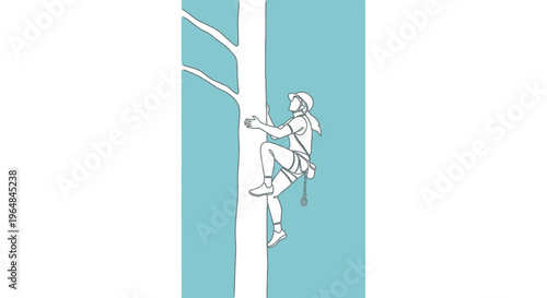 Determined individual ascends a tall tree trunk with climbing safety gear, embracing outdoor