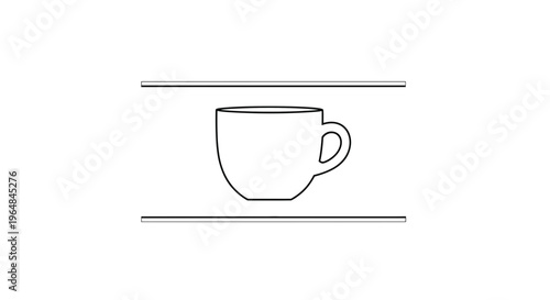 Minimalist outline drawing of a classic coffee cup centered between two thin horizontal lines on a