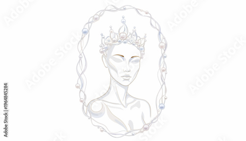 Elegant pearl-adorned queen illustration surrounded by graceful flowing lines and luminous beads