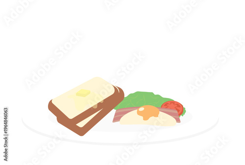 目玉焼きとベーコンと食パンの朝食