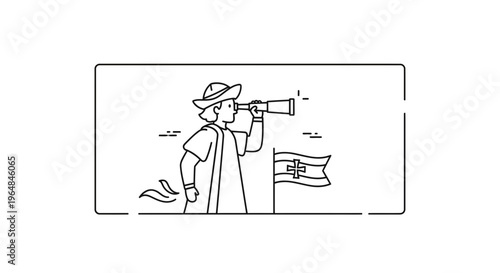 Historical explorer observing distant horizons with a spyglass and a flag of discovery