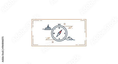 Minimalist line art illustration of a compass guiding a boat on wavy waters, symbolizing direction