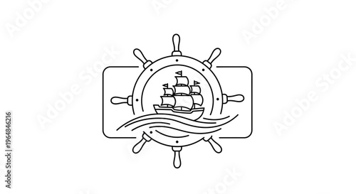 Classic nautical emblem featuring a majestic sailing vessel within a ship's steering wheel graphic