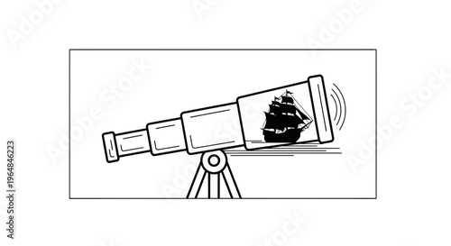 Vintage spyglass on tripod reveals a classic sailing ship, symbolizing distant maritime discovery