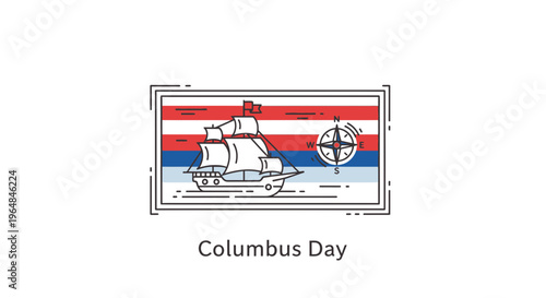 Nautical exploration theme with historic sailing vessel and compass emblem in a linear art style