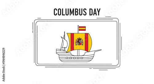 Line art illustration of a historic Spanish caravel ship adorned with flags for Columbus Day