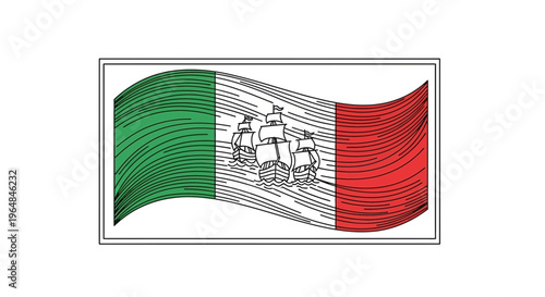 Dynamic illustration of the Mexican flag featuring three historic sailing vessels