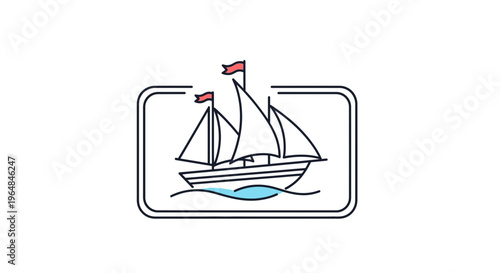 Minimalist Line Art Sailboat Icon Adorning Blue Waves in a Rectangular Frame Nautical Vessel Graphic