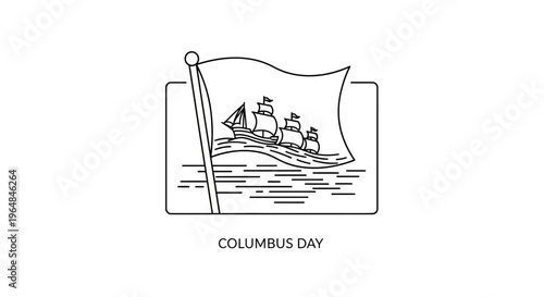 Minimalist line art illustration featuring three sailing ships on a waving flag commemorating a