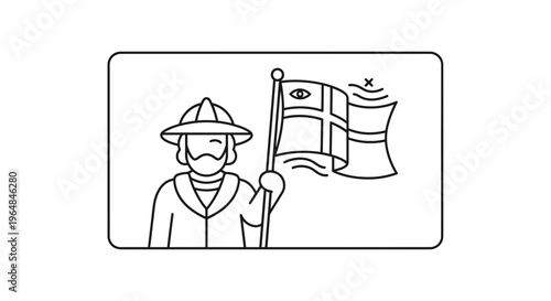 A discoverer's watchful gaze on progress, symbolized by a flag and an industrial warning icon