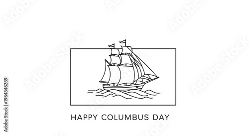Stylized line art illustration of a historic sailing ship on ocean waves for Columbus Day