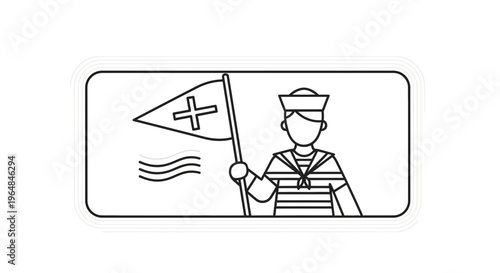 Minimalist Line Art Sailor Holding a Flag with a Plus Sign Icon Design for Nautical Themes