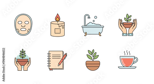 Set of eight icons representing self-care and relaxation activities.
