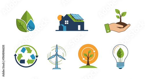 Set of eco-friendly icons representing sustainability and green energy solutions.
