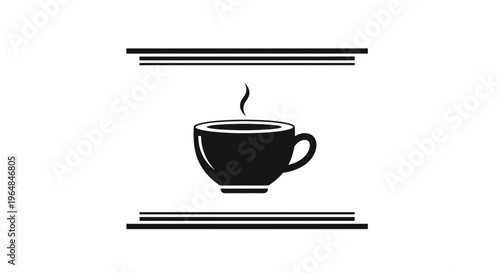 Minimalist black and white hot beverage cup icon with steam, framed by elegant horizontal lines,