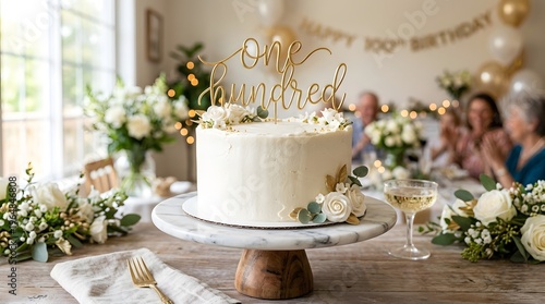 One hundredth birthday cake on a festive table, suitable for celebrating milestone birthdays and elderlyrelated occasions illustrations.