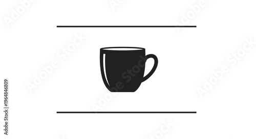 Minimalist black coffee cup icon framed by elegant horizontal lines on a stark white background