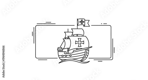 Minimalist outline illustration of an ancient sailing vessel navigating the open ocean waters
