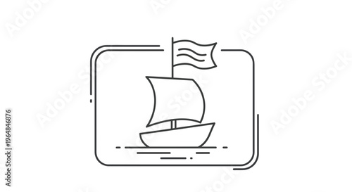 Minimalist line art icon of a sailboat with a flag gracefully sailing on water