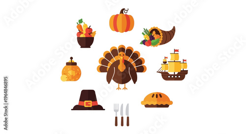 Thanksgiving Holiday Icons Collection Featuring Turkey And Food.