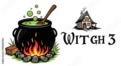 Witch cauldron bubbling with green potion over campfire.