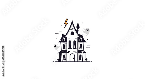 Spooky Haunted Mansion with Lightning and Ghosts Illustration.