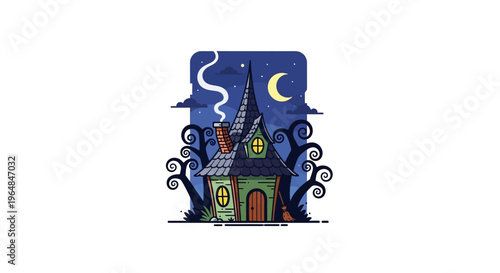 Spooky Haunted House Illustration with Moon and Stars.