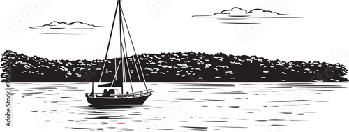 Minimalist black and white illustration of a sailboat on calm water with a distant shoreline and clouds. Simple line art landscape inspired by coastal scenery, ideal for posters, prints, logos.