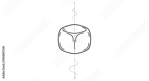Minimalist black and white line art depicting a geometric rounded cube shape with a dynamic
