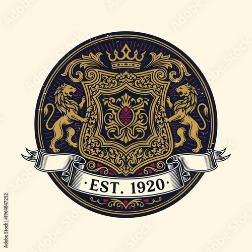Vintage Emblem with Lions and Crown Est 1920.