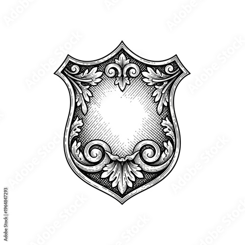 Ornate Shield Emblem with Intricate Floral Engraving.