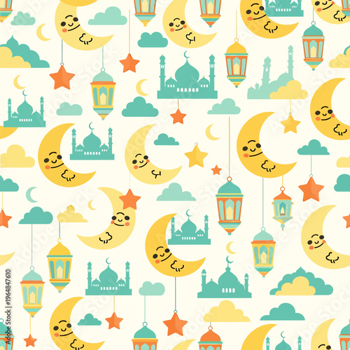 Festive Ramadan Pattern with Crescent Moons and Lanterns for Celebrations.
