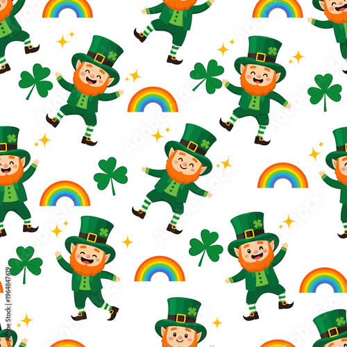 Festive St Patricks Day Pattern Featuring Happy Leprechauns and Rainbows.