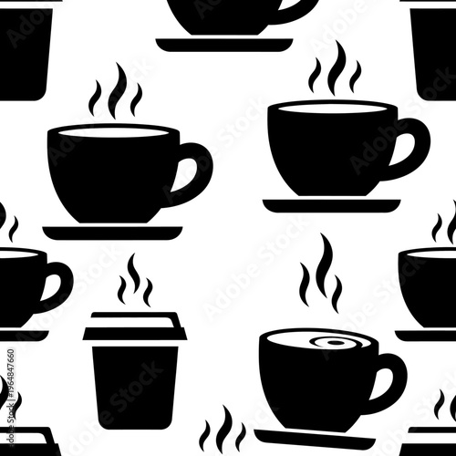 Black and White Coffee Cup Pattern for Cafe or Restaurant Design.