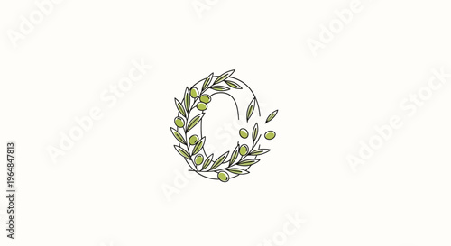 Minimalist olive branch initial O design elegant botanical single line art with green fruits