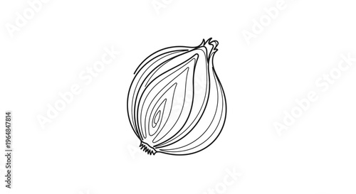 Detailed linear illustration of a sliced onion, revealing its concentric layers, perfect for